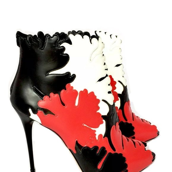 Alexander McQueen Lotus Flower Appliqué Peep- Toe Bootie Leather Red Black 41 - Picture 2 of 9